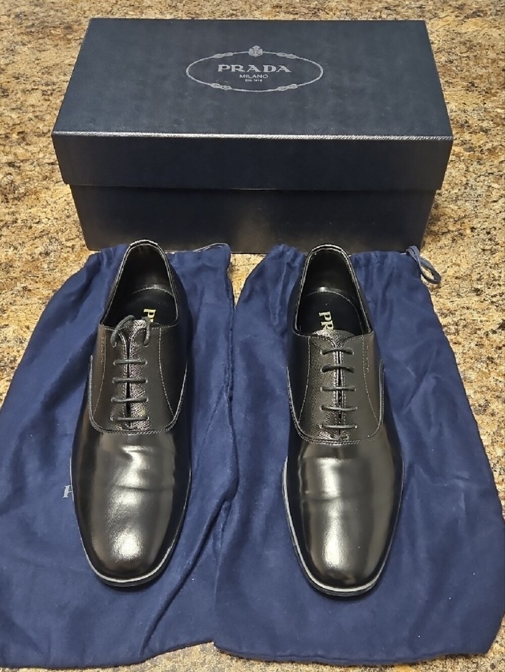 Prada Saffiano Leather Oxfords - Black - 8